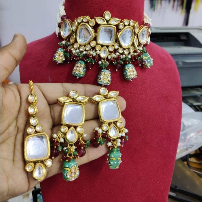 Handmade Tanjore Kundan Choker Set, Simple Kundan Set, Multi Color Kundan Set, Meena Kundan Necklace Set, Indian Kundan Jewellery New Year | Save 33% - Rajasthan Living 5