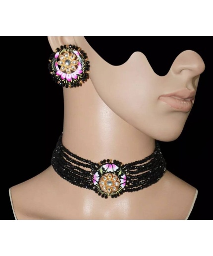 Dark Pink Handmade Flower Panting Round Shape Black Lineing Choker, Indian Choker, Indian Jewellery, Pink Flower Jewellery Meenakari Choker | Save 33% - Rajasthan Living 3