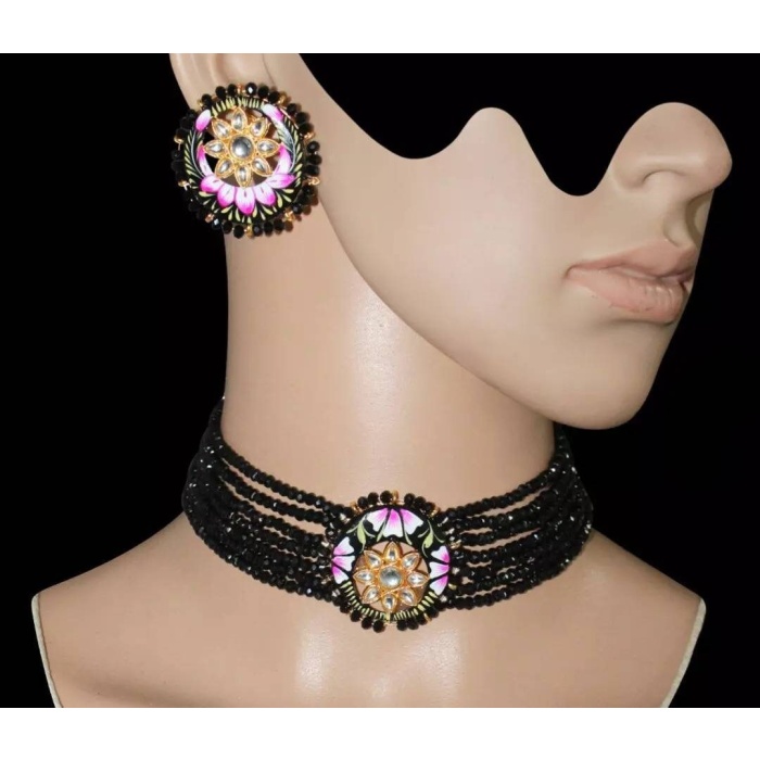 Dark Pink Handmade Flower Panting Round Shape Black Lineing Choker, Indian Choker, Indian Jewellery, Pink Flower Jewellery Meenakari Choker | Save 33% - Rajasthan Living 6