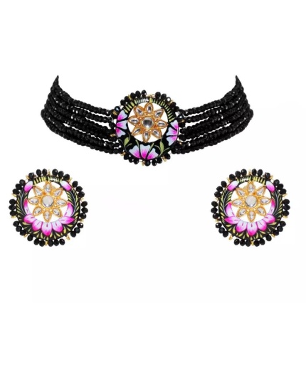 Dark Pink Handmade Flower Panting Round Shape Black Lineing Choker, Indian Choker, Indian Jewellery, Pink Flower Jewellery Meenakari Choker | Save 33% - Rajasthan Living