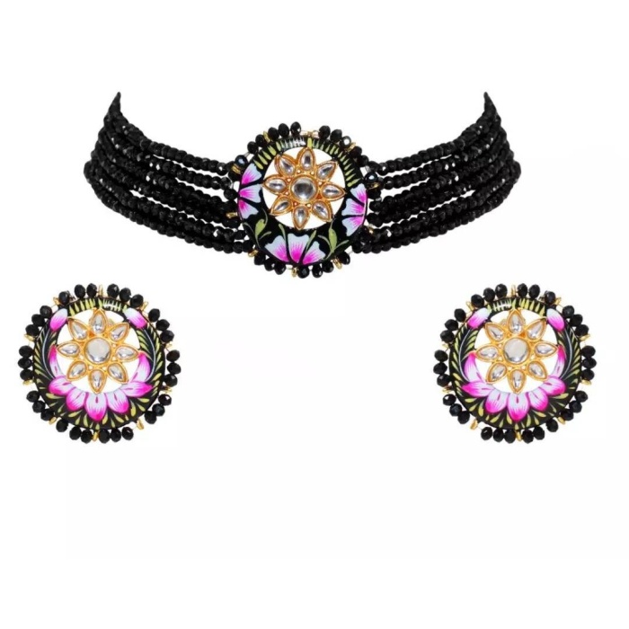 Dark Pink Handmade Flower Panting Round Shape Black Lineing Choker, Indian Choker, Indian Jewellery, Pink Flower Jewellery Meenakari Choker | Save 33% - Rajasthan Living 5