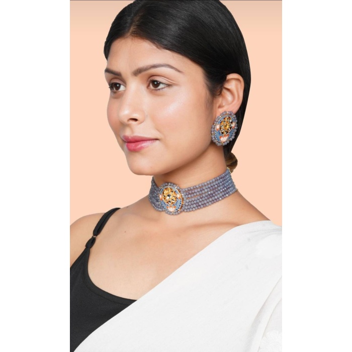 Gray Handmade Flower Panting Round Shape Black Lineing Choker, Indian Choker, Indian Jewellery, Pink Flower Jewellery Meenakari Choker | Save 33% - Rajasthan Living 5