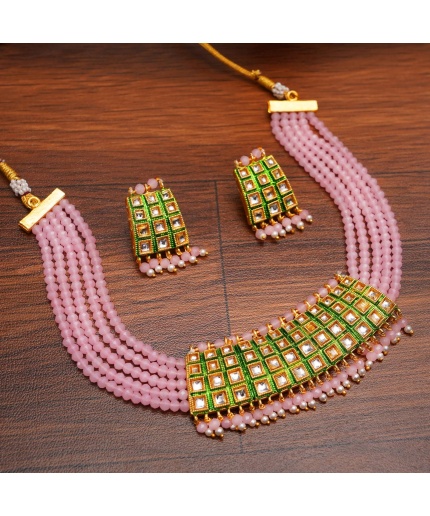 New Trending Kundan Pearls and Pink Onyx Stones Studded Gold Plated Handcrafted Jewelry Set, Indian Jewellery, Indian Choker, Bridal Choker | Save 33% - Rajasthan Living