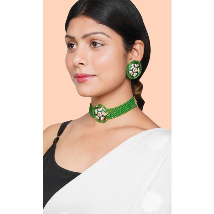 Green Handmade Lotus Flower Panting Round Shape Black Lineing Choker, Indian Choker, Indian Jewellery, Pink Flower Jewellery Meenakari | Save 33% - Rajasthan Living 8