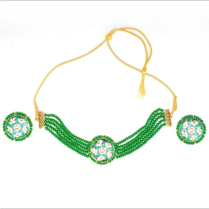 Green Handmade Lotus Flower Panting Round Shape Black Lineing Choker, Indian Choker, Indian Jewellery, Pink Flower Jewellery Meenakari | Save 33% - Rajasthan Living 5