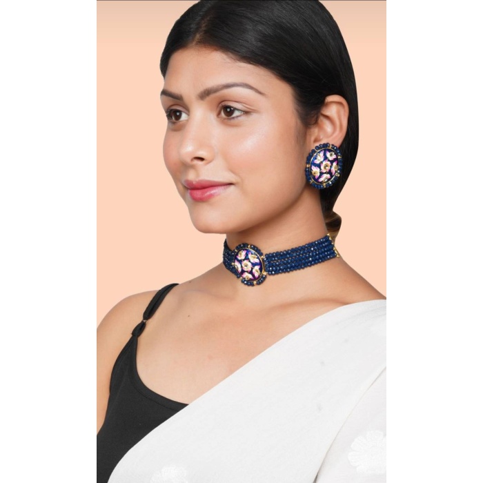 Blue Handmade Lotus Flower Panting Round Shape Black Lineing Choker, Indian Choker, Indian Jewellery, Pink Flower Jewellery Meenakari Choker | Save 33% - Rajasthan Living 8