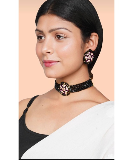 Black Handmade Lotus Flower Panting Round Shape Black Lineing Choker, Indian Choker, Indian Jewellery,pink Flower Jewellery Meenakari Choker | Save 33% - Rajasthan Living 3