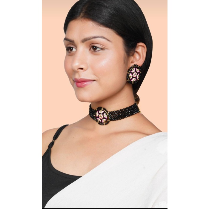 Black Handmade Lotus Flower Panting Round Shape Black Lineing Choker, Indian Choker, Indian Jewellery,pink Flower Jewellery Meenakari Choker | Save 33% - Rajasthan Living 6