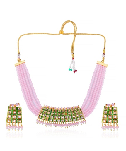 New Trending Kundan Pearls and Pink Onyx Stones Studded Gold Plated Handcrafted Jewelry Set, Indian Jewellery, Indian Choker, Bridal Choker | Save 33% - Rajasthan Living 3