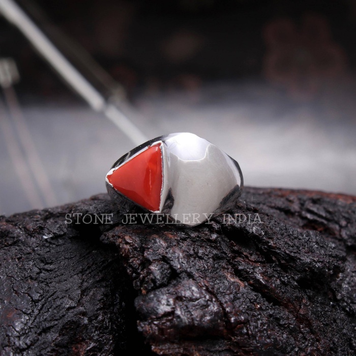 925 Sterling Silver Natural Red Coral Ring, Handmade Carved Silver, Valentine’s Day Gift for Man’s, Trilliant Shape Natural Coral,customised | Save 33% - Rajasthan Living 6