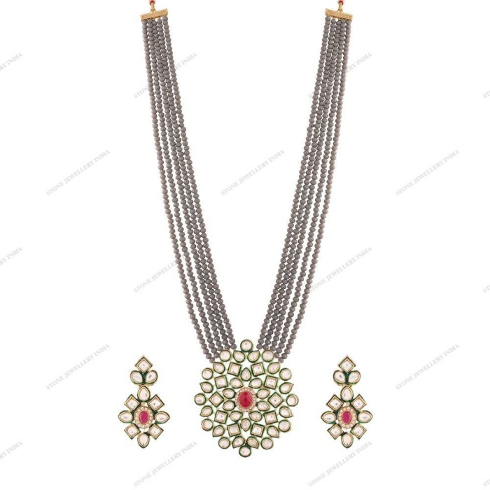 Long Polki Necklace – Pakistani Jewelry – Kundan Necklace Set W/earrings – Indian Wedding Bridal Jewelry – Semiprecious Gray Beaded Necklace | Save 33% - Rajasthan Living 6