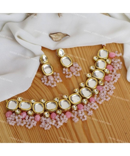 Elegant Kundan Choker Set/Pastel Kundan Choker/Designer Kundan Choker Set/Pastel Color Kundan Set/Simple Kundan Set/Flower Kundan Set/ Pink | Save 33% - Rajasthan Living