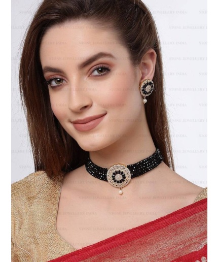 Indian Jewelry,kundan Choker Necklace,Wedding Jewelry,Indian Choker,Indian Kundan Necklace Set,American Diamond Black Choker With Earrings | Save 33% - Rajasthan Living 3