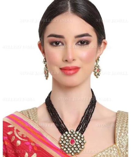 Long Polki Necklace – Pakistani Jewelry – Kundan Necklace Set W/earrings – Indian Wedding Bridal Jewelry – Semiprecious Gray Beaded Necklace | Save 33% - Rajasthan Living 3