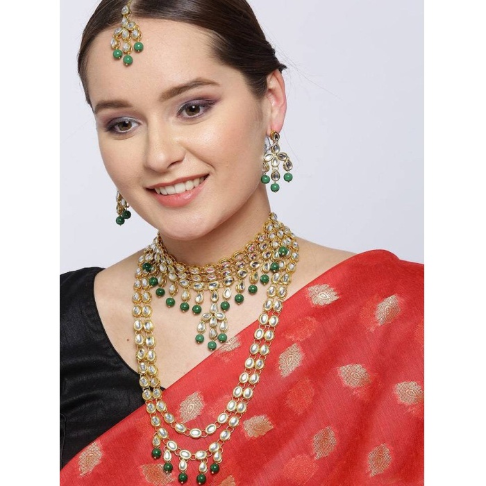 Beautiful Pearls Rani Haar Mala Long Necklace Earrings Teeka Tikka Headpiece Gift Combo Bollywood Jewelry Traditional Hyderabadi Jewellery | Save 33% - Rajasthan Living 5