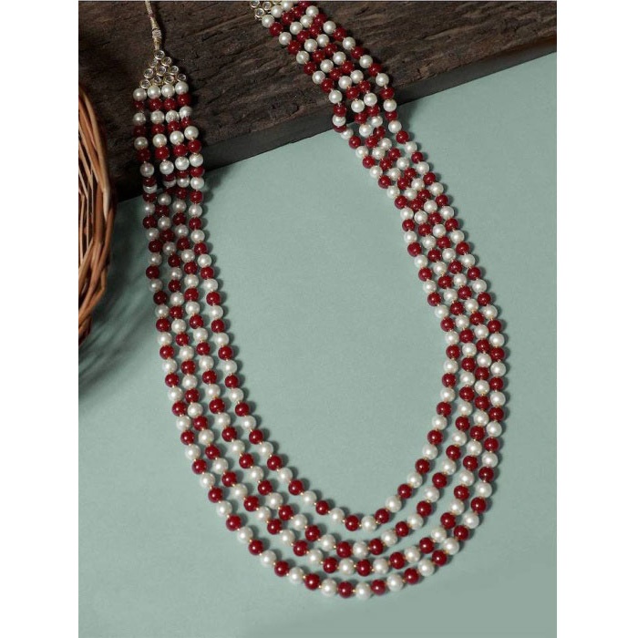 New Four Line Red Long Necklace, Indian Jewellery, Ruby Jewellery, Indian Necklace, Multi Stand Necklace, Long Necklace for Girls and Women | Save 33% - Rajasthan Living 5