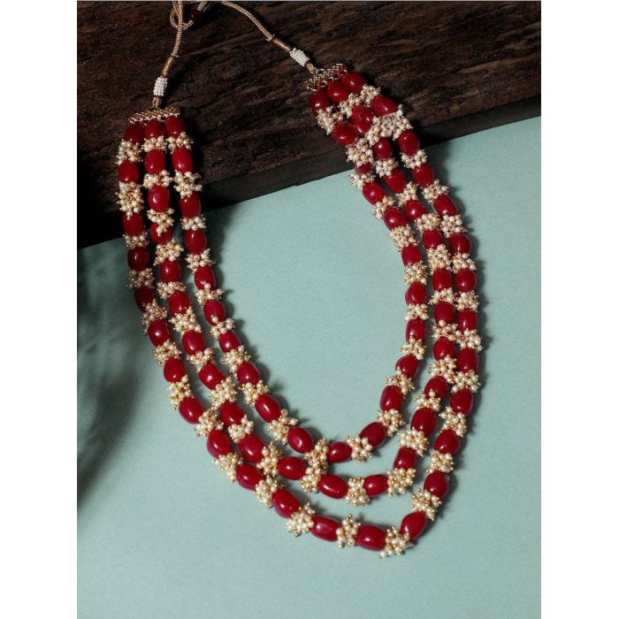 New Three Line White and Red Long Necklace, Indian Jewellery, Indian Necklace, Multi Stand Necklace, Long Necklace for Girls and Women | Save 33% - Rajasthan Living 5