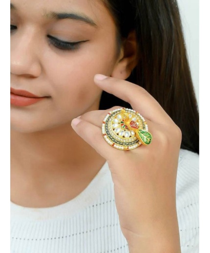 Meenakari Peacock Ring – Kundan & Pearl Ring – Engagement Promise Ring – Wedding Bridal Bridesmaid Ring – Designer Statement Adjustable Ring | Save 33% - Rajasthan Living