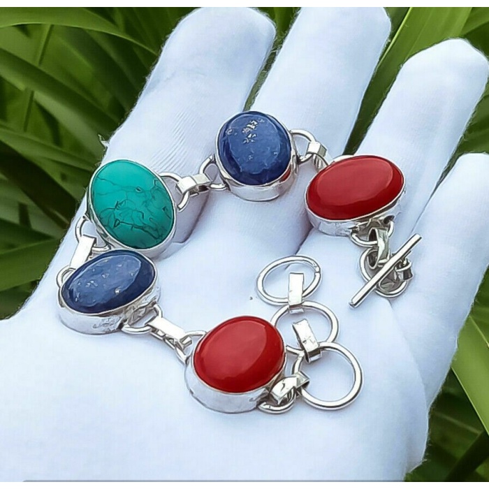 1pcs Turquoise & Multi Stone 925 Sterling Silver Plated Chain Bracelet BA-10-136 | Save 33% - Rajasthan Living 5