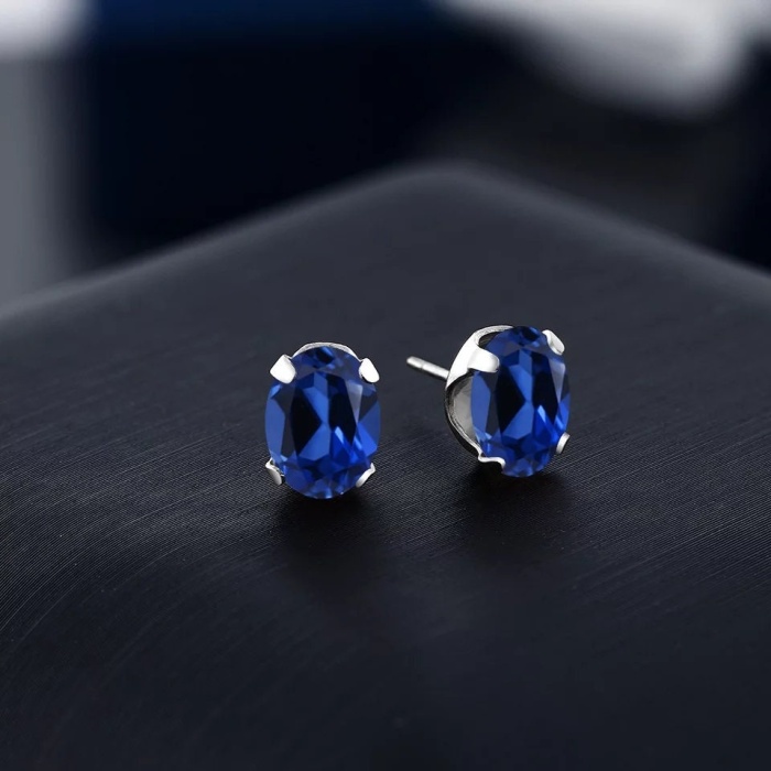 Lab Sapphire Studs Earrings, 925 Sterling Silver, Sapphire Earrings, Sapphire Silver Earrings, Luxury Earrings, Ovel Cut Stone Earrings | Save 33% - Rajasthan Living 6