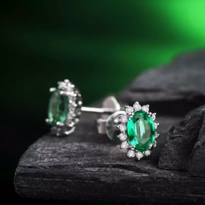 Natural Emerald Studs Earrings, 18k White Gold, Emerald Studs Earrings, Emerald Silver Earrings, Luxury Earrings, Ovel Cut Stone Earrings | Save 33% - Rajasthan Living 8