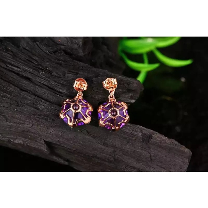 Natural Amethyst Drop Earrings, 14k Rose Gold Engagement Earrings, Wedding Earrings, Luxury Earrings, Round Checker Cut Stone Earrings | Save 33% - Rajasthan Living 8