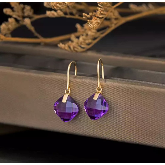 Natural Amethyst Drop Earrings, 14k Yellow Gold Drop Earrings, Amethyst Earrings, Amethyst Luxury Earrings, Checker Cut Stone Earrings | Save 33% - Rajasthan Living 8