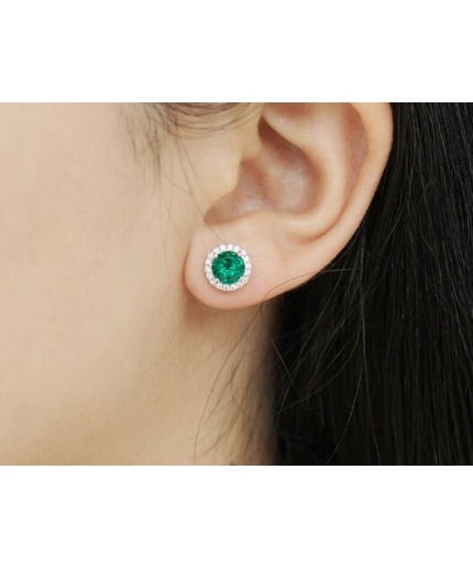 Emerald Stud Earrings, 925 Sterling Silver, Emerald Stud, Emerald Silver Earrings, Luxury Earrings, Round Cut Stone Earrings | Save 33% - Rajasthan Living 3