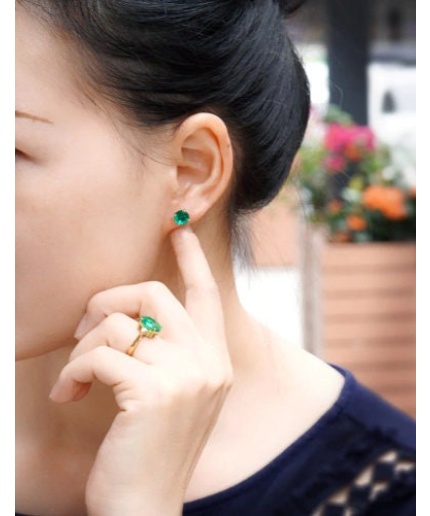 Emerald Stud Earrings, 925 Sterling Silver, Emerald Stud, Emerald Silver Earrings, Luxury Earrings, Round Cut Stone Earrings | Save 33% - Rajasthan Living 3