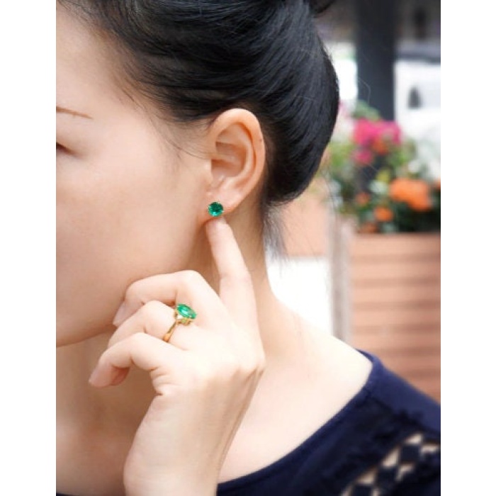 Emerald Stud Earrings, 925 Sterling Silver, Emerald Stud, Emerald Silver Earrings, Luxury Earrings, Round Cut Stone Earrings | Save 33% - Rajasthan Living 6