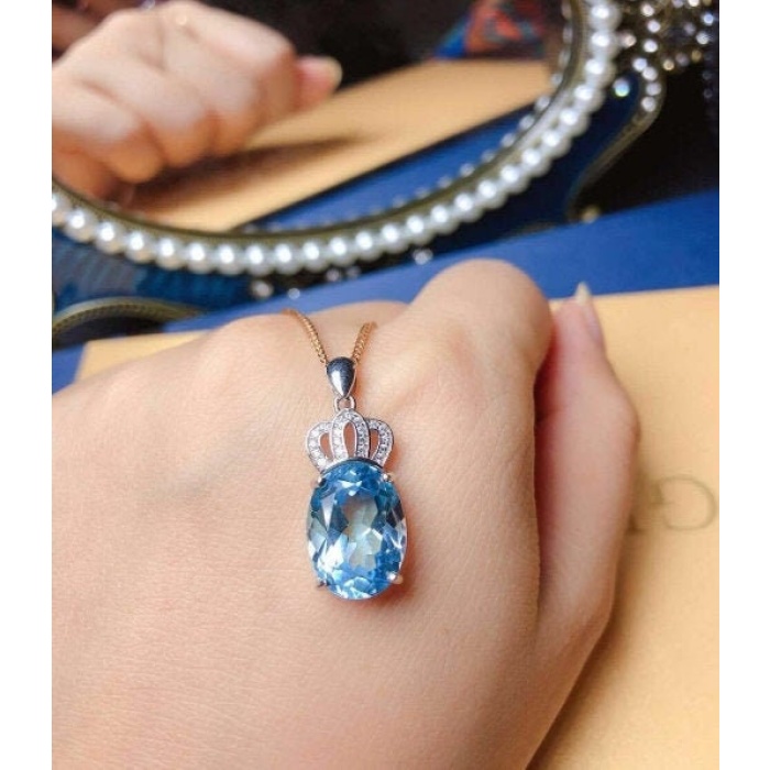 Natural Blue Topaz Pendant, Engagement Blue Topaz Silver Pendent, Woman Pendant, Pendant Necklace, Luxury Pendent, Oval Cut Stone Pendent | Save 33% - Rajasthan Living 5