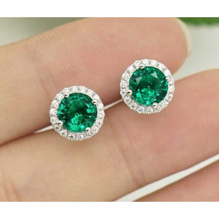 Emerald Stud Earrings, 925 Sterling Silver, Emerald Stud, Emerald Silver Earrings, Luxury Earrings, Round Cut Stone Earrings | Save 33% - Rajasthan Living 5