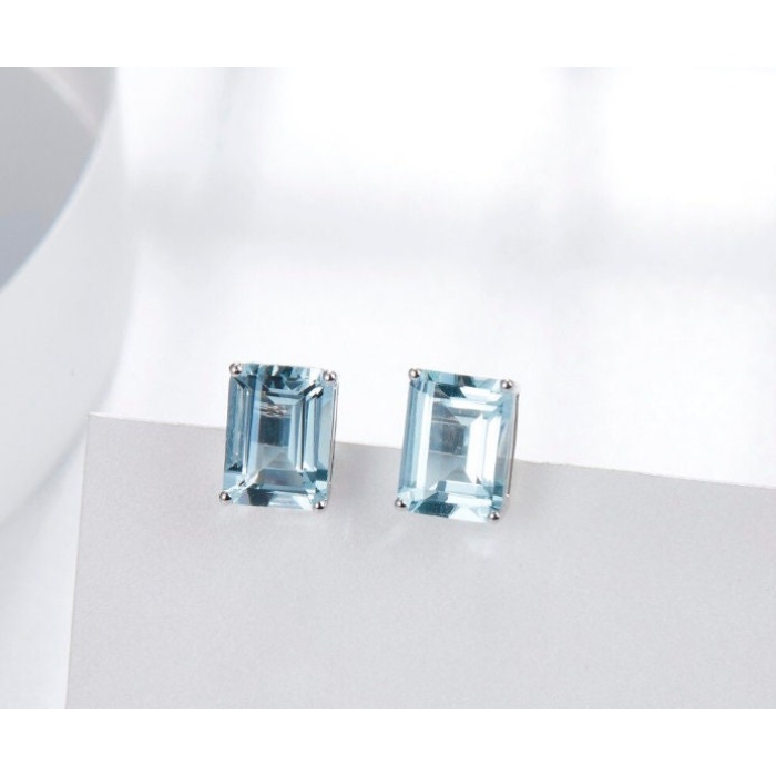 Natural Aquamarine Studs Earrings, 14k White Gold, Aquamarine Earrings, Aquamarine Silver Earrings, Luxury Earrings, Emerald Cut Earrings | Save 33% - Rajasthan Living 7