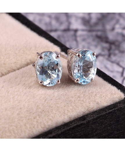 Natural Sky Blue Topaz Studs Earrings, 925 Sterling Silver Studs Earrings, Blue Topaz Earrings, Luxury Earrings, Oval Cut Studs Earrings | Save 33% - Rajasthan Living 3