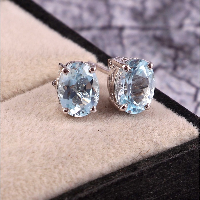 Natural Sky Blue Topaz Studs Earrings, 925 Sterling Silver Studs Earrings, Blue Topaz Earrings, Luxury Earrings, Oval Cut Studs Earrings | Save 33% - Rajasthan Living 6