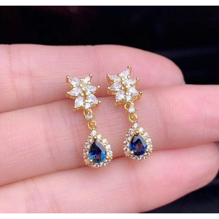 Natural Sapphire Drop Earrings, 925 Sterling Silver, Sapphire Earrings, Sapphire Silver Earrings, Luxury Earrings, Pear Cut Stone Earrings | Save 33% - Rajasthan Living 5