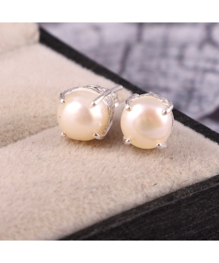 Natural Pearl Studs Earrings, 925 Sterling Sliver Pearl Earrings, Pearl Studs, Wedding Earrings, luxury Studs, Round Cabochon Studs Earrings | Save 33% - Rajasthan Living