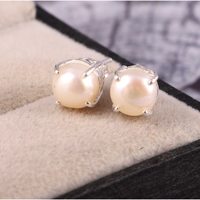 Natural Pearl Studs Earrings, 925 Sterling Sliver Pearl Earrings, Pearl Studs, Wedding Earrings, luxury Studs, Round Cabochon Studs Earrings | Save 33% - Rajasthan Living 5