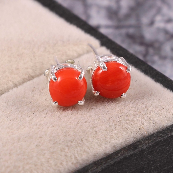 Natural Coral Studs Earrings, Coral Earrings, 925 Silver Earrings, Victorian Earrings, Bridesmaid Gift, Engagement Studs, Round Cut Studs | Save 33% - Rajasthan Living 5