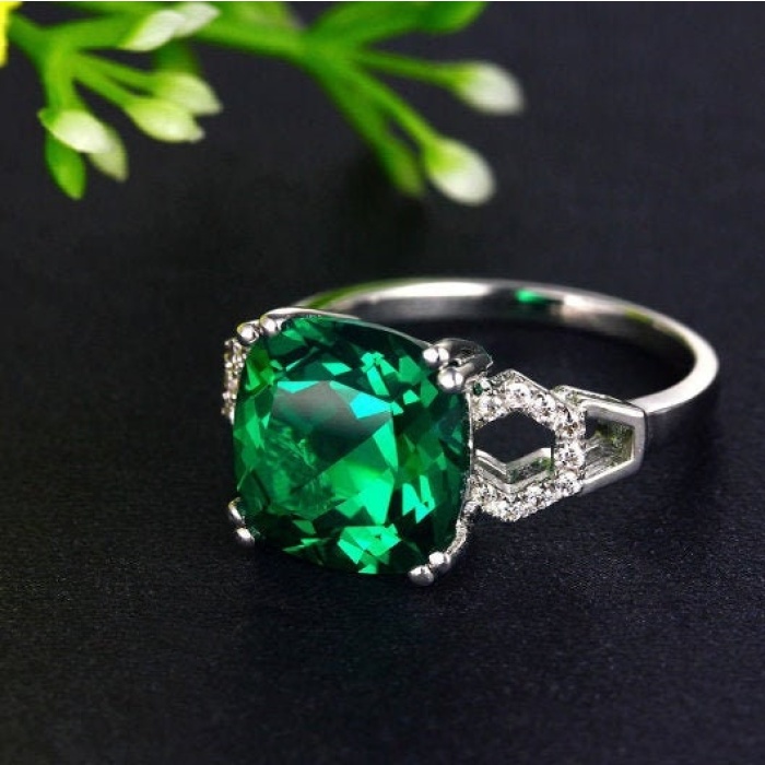 Emerald & Cubic Zirconia Woman Ring, 925 Sterling Silver, Emerald Ring, Statement Ring, Engagement and Wedding Ring, Cushion cut Ring | Save 33% - Rajasthan Living 5