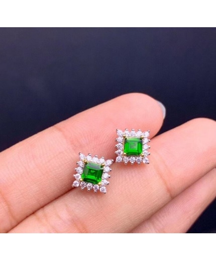 Natural diopside Stud Earrings, 925 Sterling Silver, diopside Stud Earrings, diopside Silver Earrings, Luxury Earrings, Square Cut Stone | Save 33% - Rajasthan Living