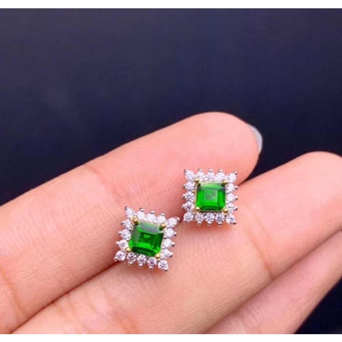 Natural diopside Stud Earrings, 925 Sterling Silver, diopside Stud Earrings, diopside Silver Earrings, Luxury Earrings, Square Cut Stone | Save 33% - Rajasthan Living 5