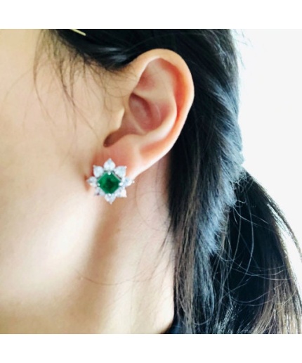 lab Emerald Stud Earrings, 925 Sterling Silver, Emerald Stud Earrings, Emerald Silver Earrings, Luxury Earrings, Square cut Stone | Save 33% - Rajasthan Living 3