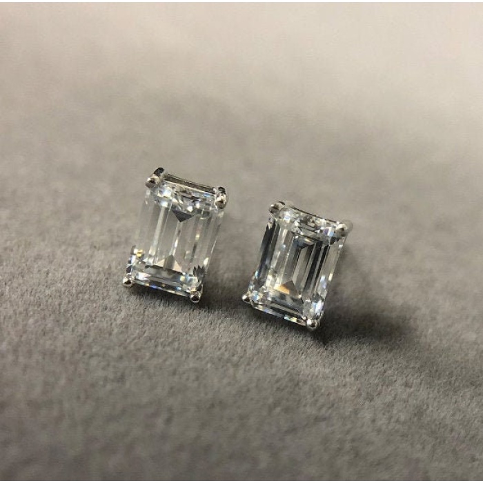 Lab Created Moissanite Studs Earrings,925 Sterling Silver, Studs Earrings, Earrings, Moissanite Earrings, Luxury Earrings, Emerald Cut Stone | Save 33% - Rajasthan Living 7