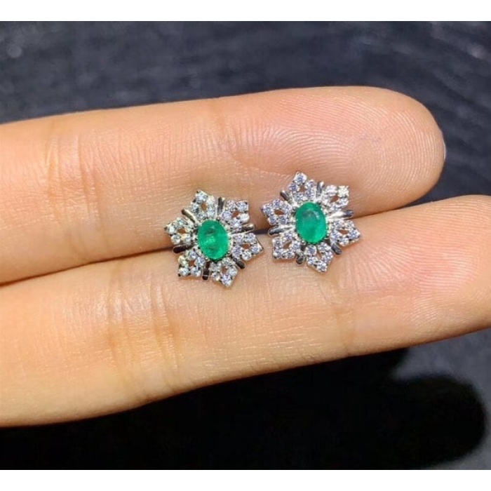 Natural Emerald Stud Earrings, 925 Sterling Silver, Emerald Stud Earrings, Emerald Silver Earrings, Luxury Earrings, Oval Cut Stone | Save 33% - Rajasthan Living 6