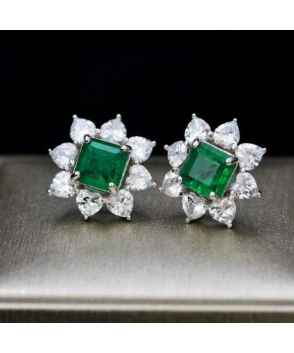 lab Emerald Stud Earrings, 925 Sterling Silver, Emerald Stud Earrings, Emerald Silver Earrings, Luxury Earrings, Square cut Stone | Save 33% - Rajasthan Living