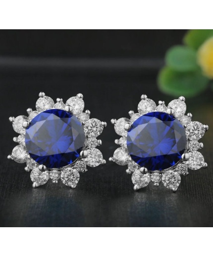 Lab Sapphire Studs Earrings, 925 Sterling Silver, Sapphire Earrings, Sapphire Silver Earrings, Luxury Earrings, Round Cut Stone Earrings | Save 33% - Rajasthan Living