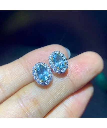 Natural Aquamarine Studs Earrings, 925 Sterling Silver, Aquamarine Earrings, Aquamarine Silver Earrings, Luxury Earrings, Oval Cut Earrings | Save 33% - Rajasthan Living