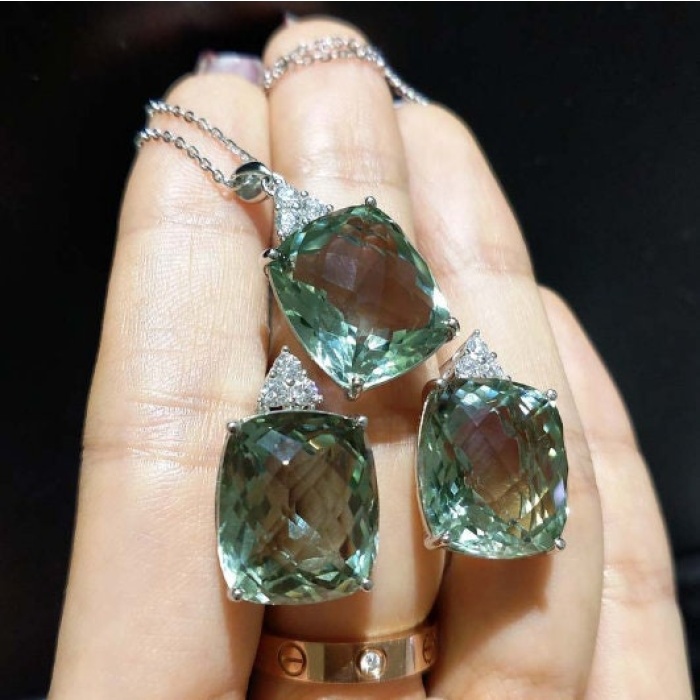 Green Amethyst Pendant, Engagement Pendent, Green Amethyst Earrings, Woman Pendant, Pendant Necklace, Luxury Pendent, Cushon Cut Stone | Save 33% - Rajasthan Living 5