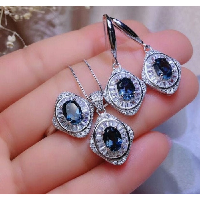 Natural Blue Topaz Jewelry Set, Engagement Ring, Blue Topaz Jewellery Set,Woman Pendant,Topaz Necklace,Luxury Pendent,Oval Cut Stone Pendent | Save 33% - Rajasthan Living 5